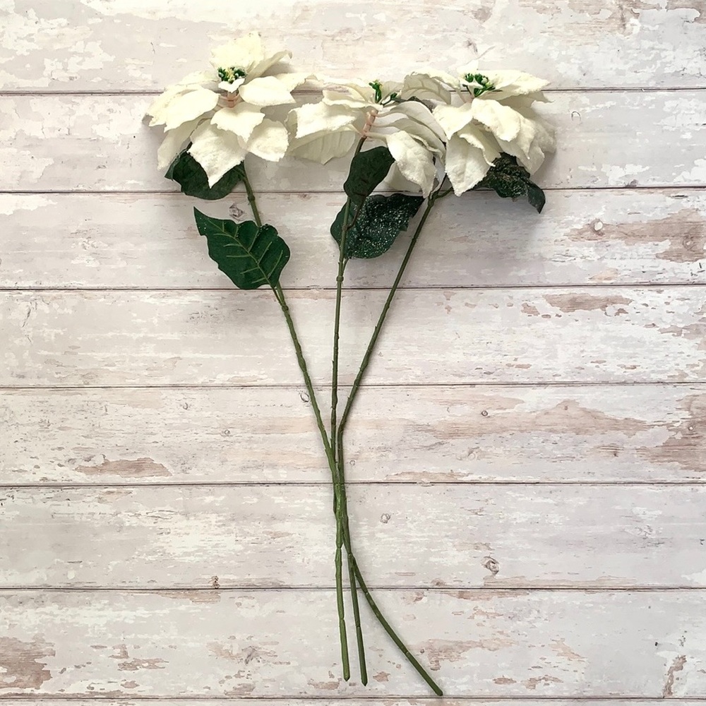 Faux Artificial Flowers White Frosted Poinsettias 24in Set of 3 Floral Bouquet